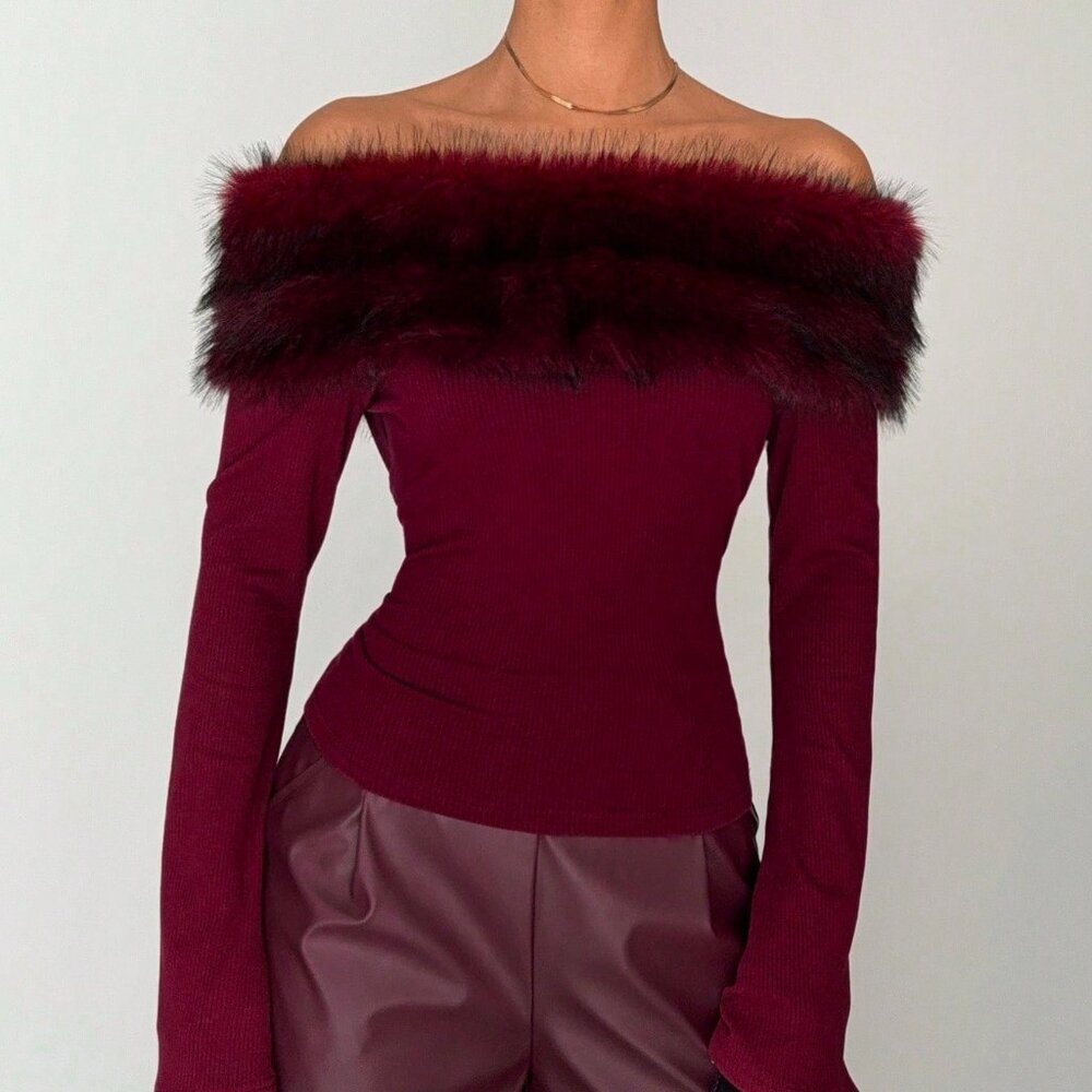 Burgundy Elegant Women's Faux Fur Off Shoulder Top - Picture 2 of 4